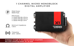 X 1-Channel Ultra Compact Class D Amplifier 300 Watts Rms @ 1-Ohm - DS18