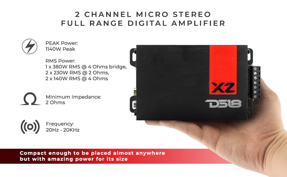 X 2-Channel Ultra Compact Class D Amplifier 2 x 140 Watts Rms @ 4-ohm - DS18