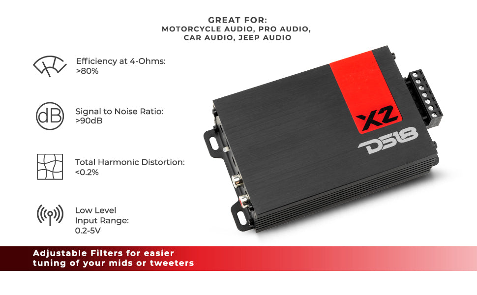 X 2-Channel Ultra Compact Class D Amplifier 2 x 140 Watts Rms @ 4-ohm - DS18