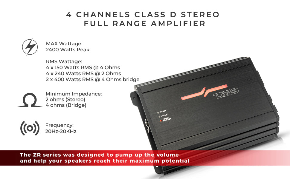 ZR 4-Channel Class D Amplifier 4 x 150 Watts Rms @ 4-ohm - DS18