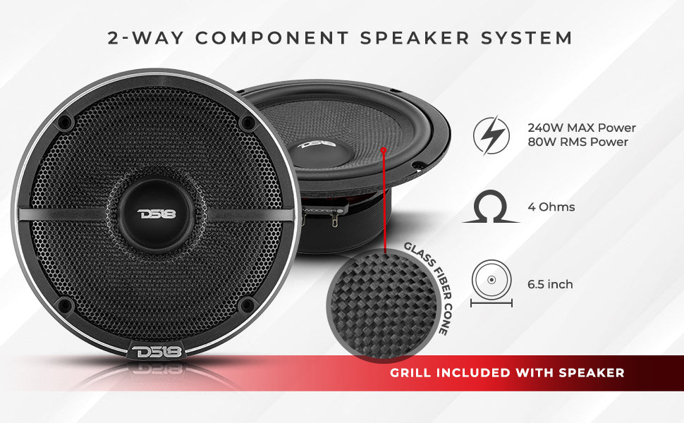 ZXI 6.5" 2- Way Component Speaker System with Kevlar Cone | 120 Watts Rms 4-Ohm - DS18