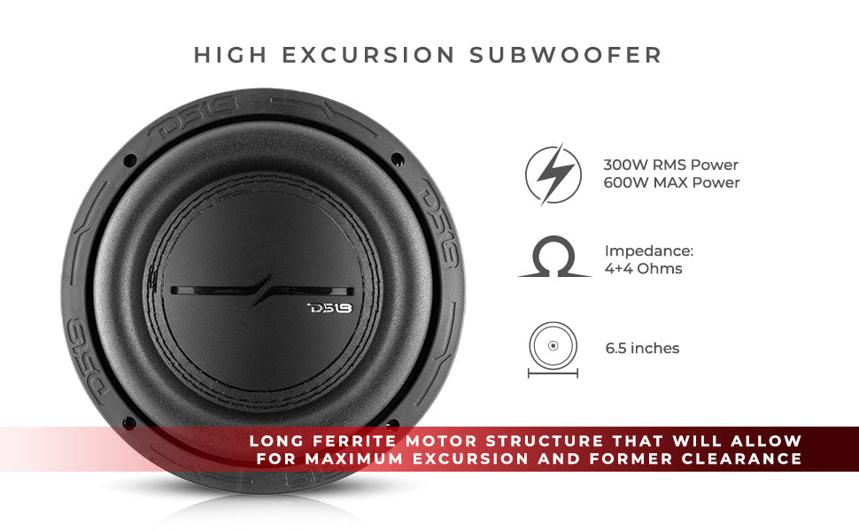 ZXI 6.5" High Excursion Subwoofer Quad Stacked Magnets 300 Watts Rms DVC 4-Ohm - DS18