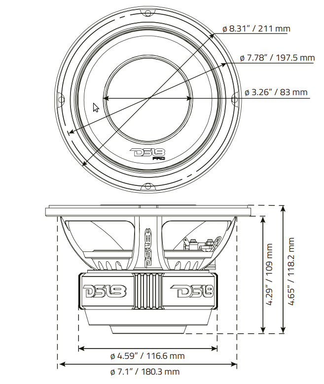 PRO 8" Coaxial Hybrid Mid-Range Water resistant Cone Loudspeaker with Built-in Driver 250 Watts Rms 4-Ohm - DS18