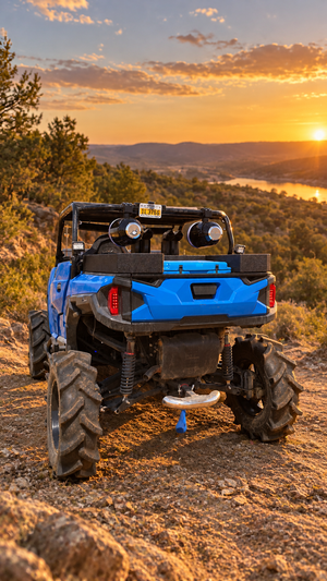 Polaris General dual 10-inch enclosure installed on off-road trail