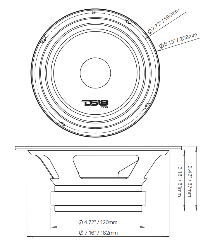 PRO-X 8" Mid-Range Loudspeaker with RGB Light Bullet 275 Watts Rms 4-Ohm - DS18