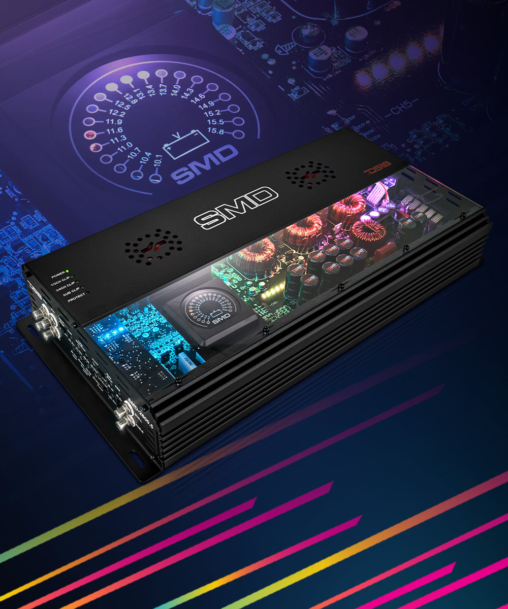 SMD 5-Channel Amplifier with VM-1 Voltmeter and Digital LED Lights 4 x 250W at 2-Ohm Class AB + 1 x 1800W at 1-Ohm Class D