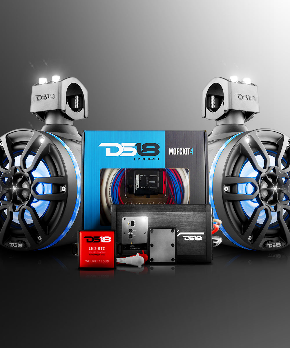 DS18 Good Marine Stereo Package 2 x 6.5” Speaker Tower| 1 x 2 Ch Amplifier | 1 x MOFCKIT4 and 1 x LED-BTC - DS18