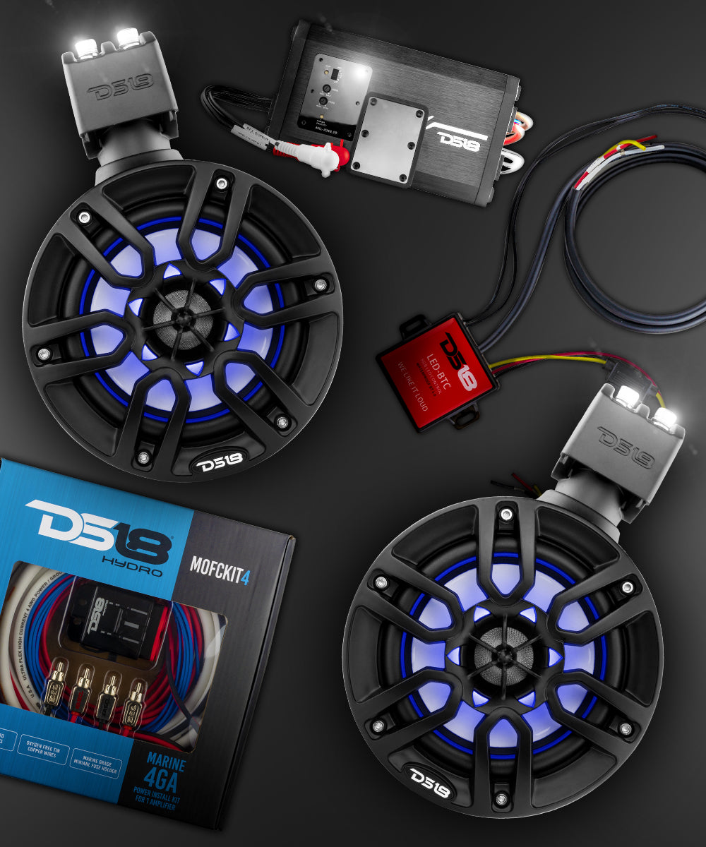 DS18 Good Marine Stereo Package 2 x 6.5” Speaker Tower| 1 x 2 Ch Amplifier | 1 x MOFCKIT4 and 1 x LED-BTC - DS18
