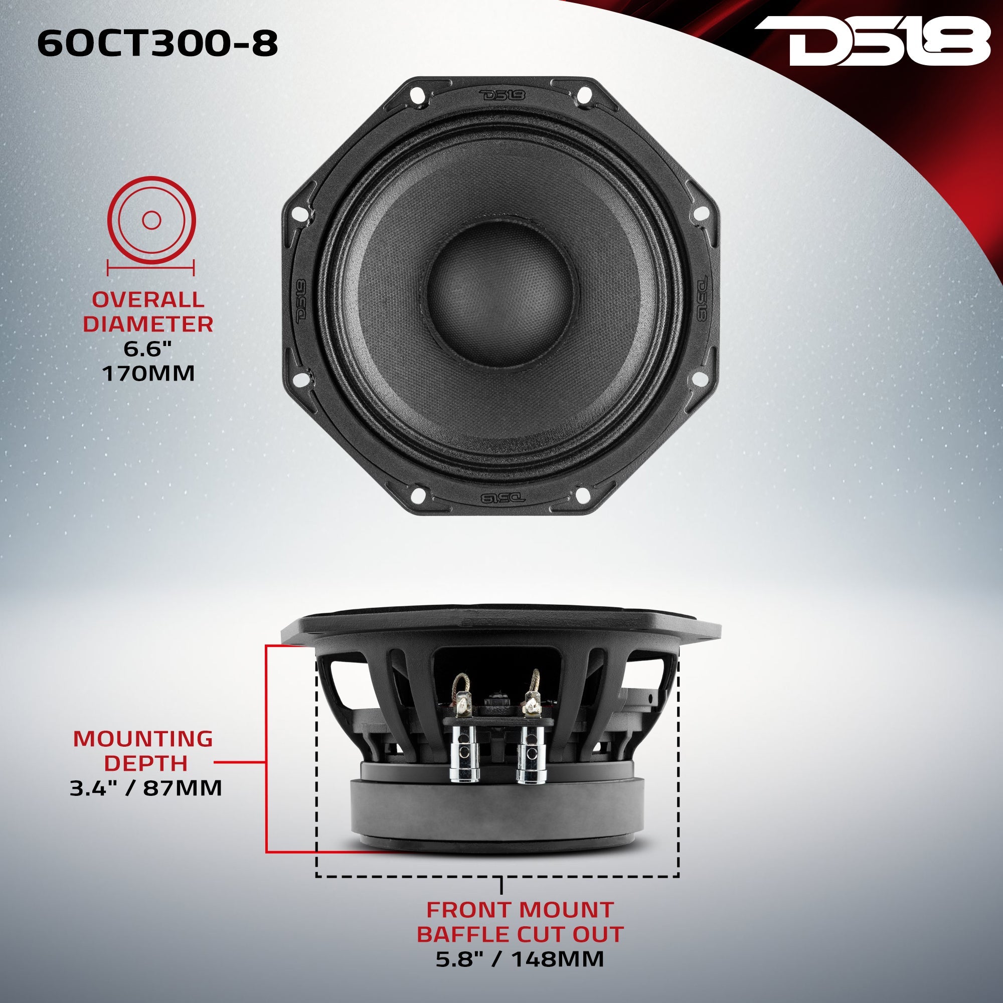 Octagonal 6.5" Mid-Range Loudspeaker 300 Watts Rms 8-Ohm - DS18