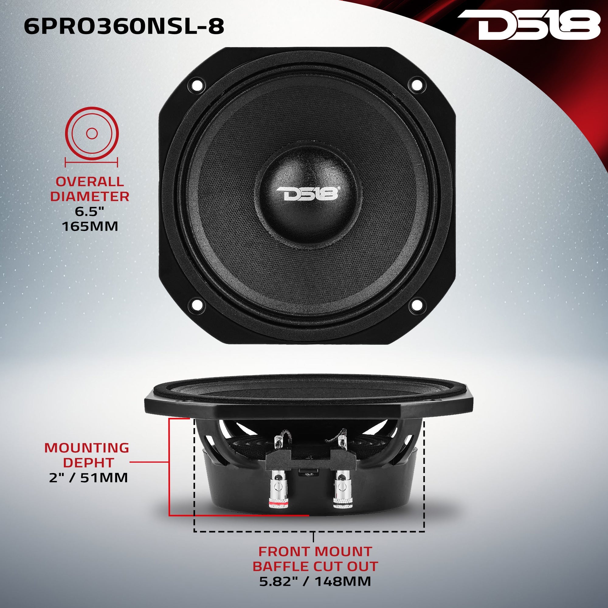 PRO 6.5” Slim Professional Mid-Range Speaker With Neodymium Magnet 180 Watts Rms 8-Ohm - Recommended for Dome and Diffuser