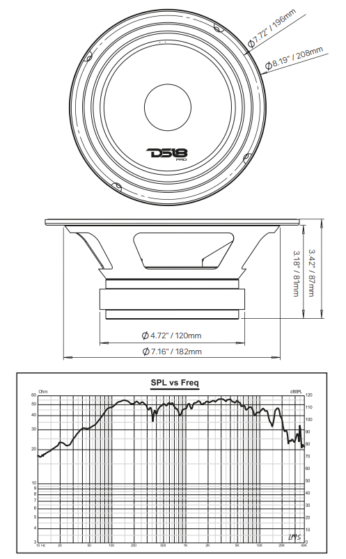PRO-X 8" Mid-Range Loudspeaker with RGB Light Bullet 275 Watts Rms 4-Ohm - DS18