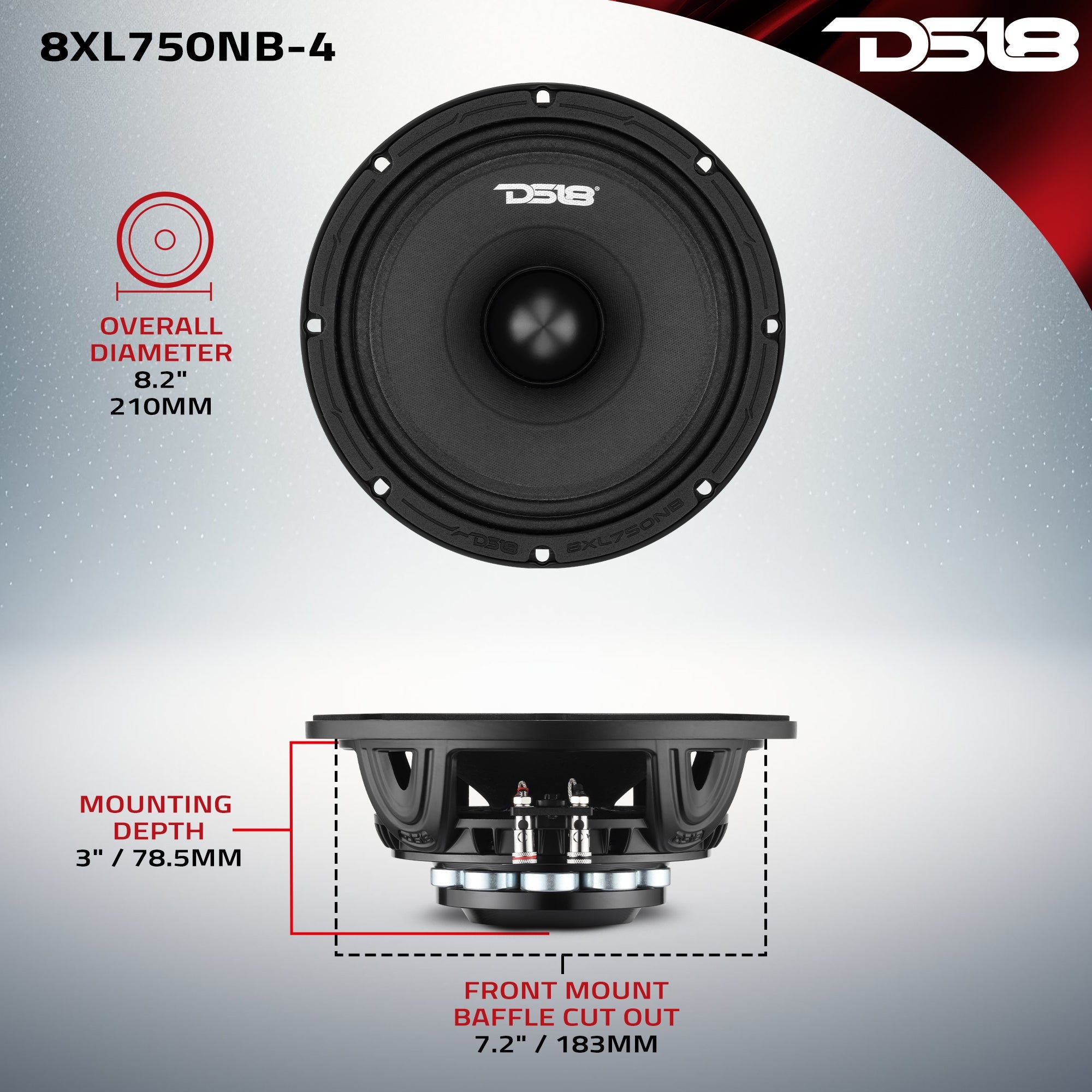 8" Midrange Loudspeaker with Neodymium Rings and Aluminum Bullet | 375 Watts RMS 4-Ohm - DS18