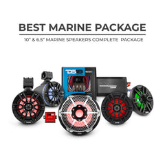 DS18 Best Marine Stereo Subwoofer Package 1 x 10” Subwoofer | 2 x 6.5” Speaker Tower | 2 x 6.5” Marine Speaker | 1 x 5 Ch