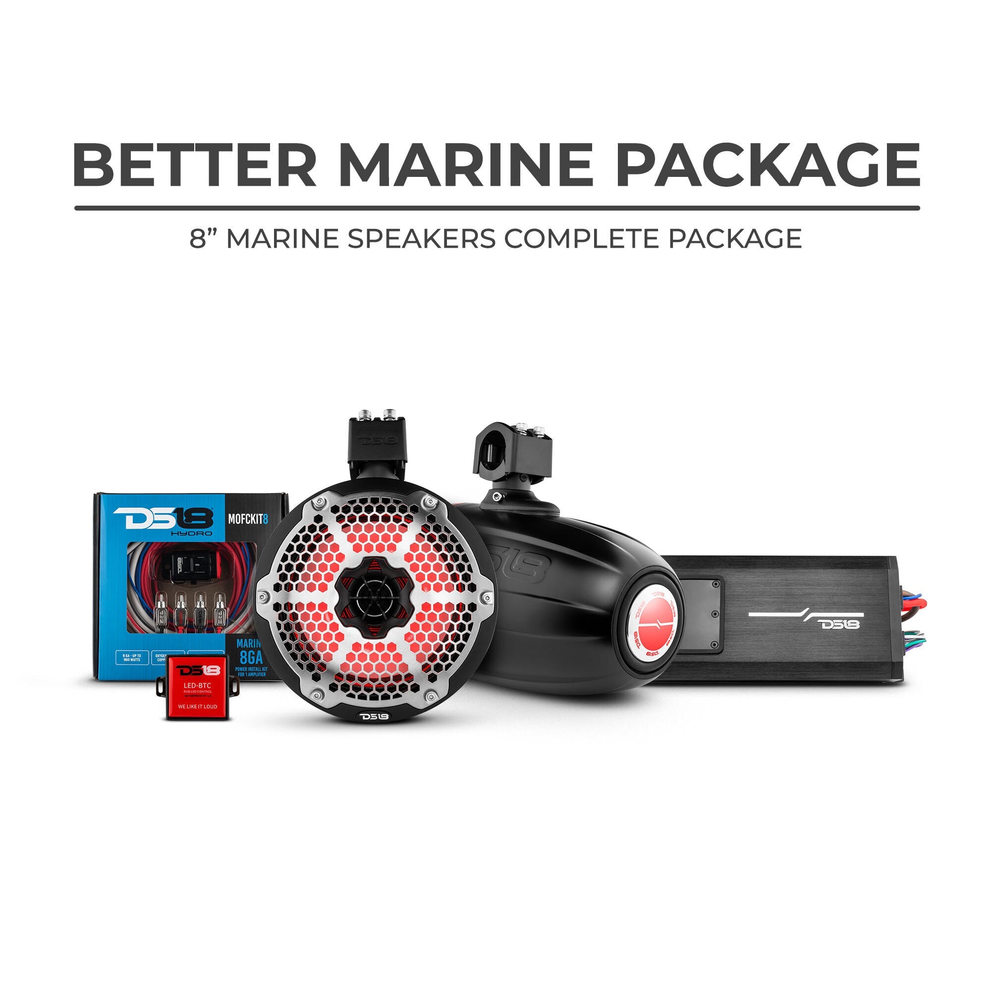 DS18 Better Marine Stereo Package 2 x 8” Speaker Tower | 1 x 2 Ch Amplifier | 1 x MOFCKIT8 and 1 x LED-BTC - DS18
