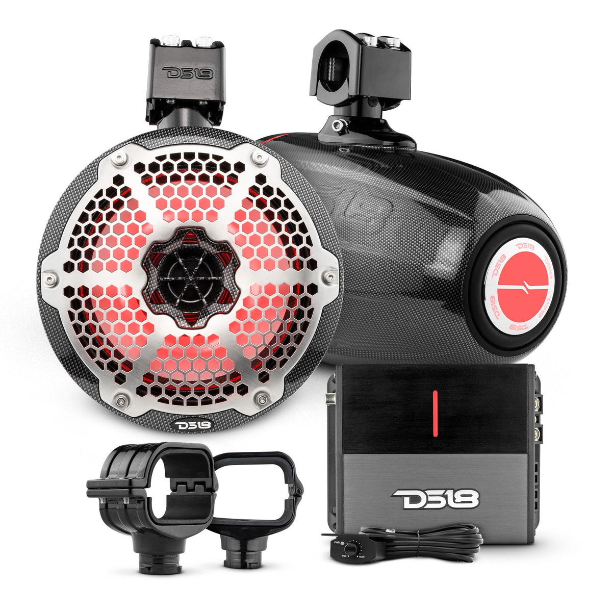 Bronco 6th Gen Roll Bar Audio Bundle – 8" Marine Tower Speakers with RGB LED Lights, OEM Roll Bar Mounting Clamps & Amplifier