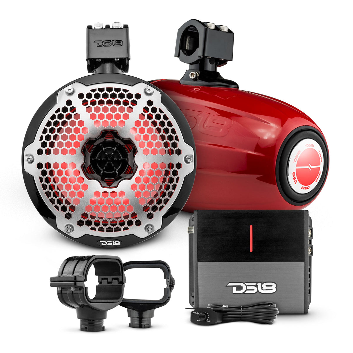 Bronco 6th Gen Roll Bar Audio Bundle – 8" Marine Tower Speakers with RGB LED Lights, OEM Roll Bar Mounting Clamps & Amplifier