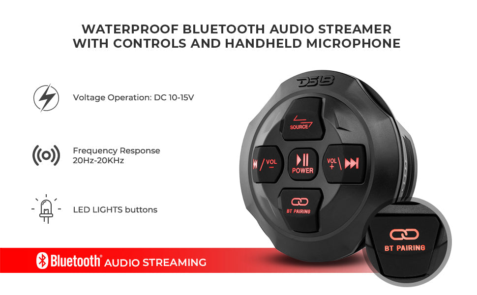 Marine And Powersports Waterproof Bluetooth Audio Receiver With Controls and Microphone - DS18