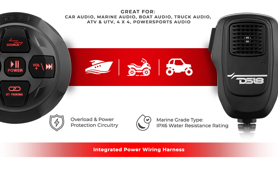 Marine And Powersports Waterproof Bluetooth Audio Receiver With Controls and Microphone - DS18