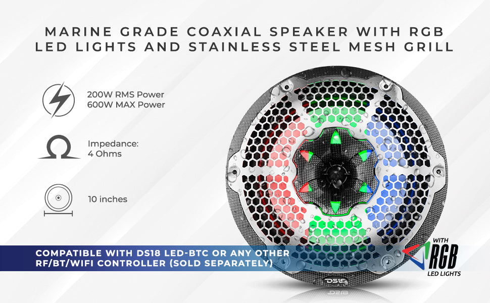 NXL 10" 2-Way Coaxial Marine Speaker With LED RGB Lights 200 Watts Rms 4-Ohm -Black Carbon Fiber - DS18