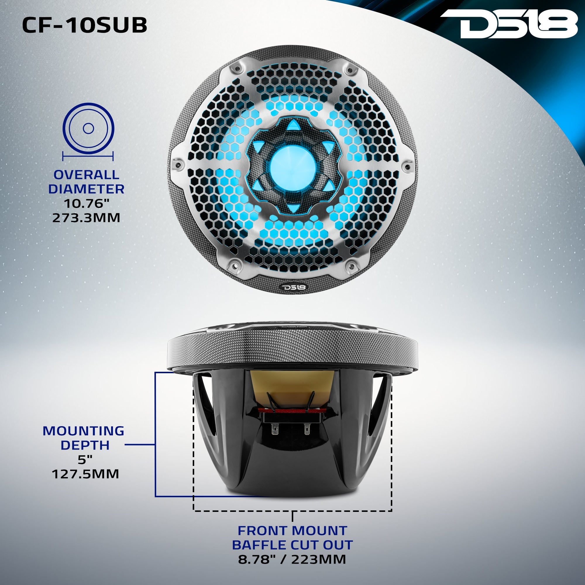 NXL 10" Marine Subwoofer With LED RGB Lights 300 Watts Rms SVC 4-Ohm -Black Carbon Fiber - DS18