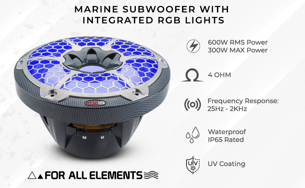 NXL 10" Marine Subwoofer With LED RGB Lights 300 Watts Rms SVC 4-Ohm -Black Carbon Fiber - DS18