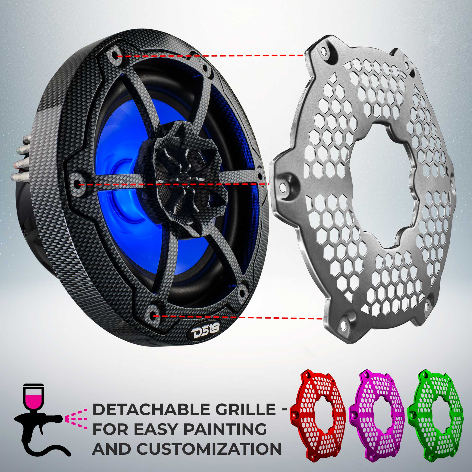 NXL 6.5" 2-Way Coaxial Marine Speaker With LED RGB Lights 100 Watts Rms 4-Ohm - Black Carbon Fiber - DS18
