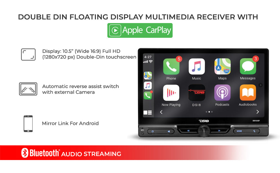 10.5" Floating Adjustable Modular Touchscreen Mechless Single-DIN Head Unit with Bluetooth, Apple Car Play, Android Mirror