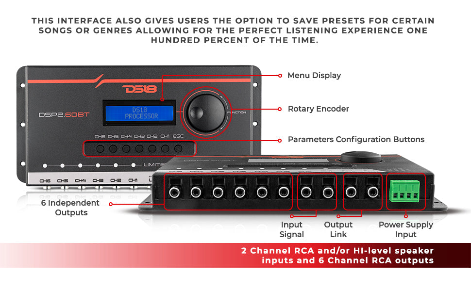 2-Channel In and 6-Channel Out Digital Sound Processor (DSP) with Bluetooth and LCD Screen - DS18