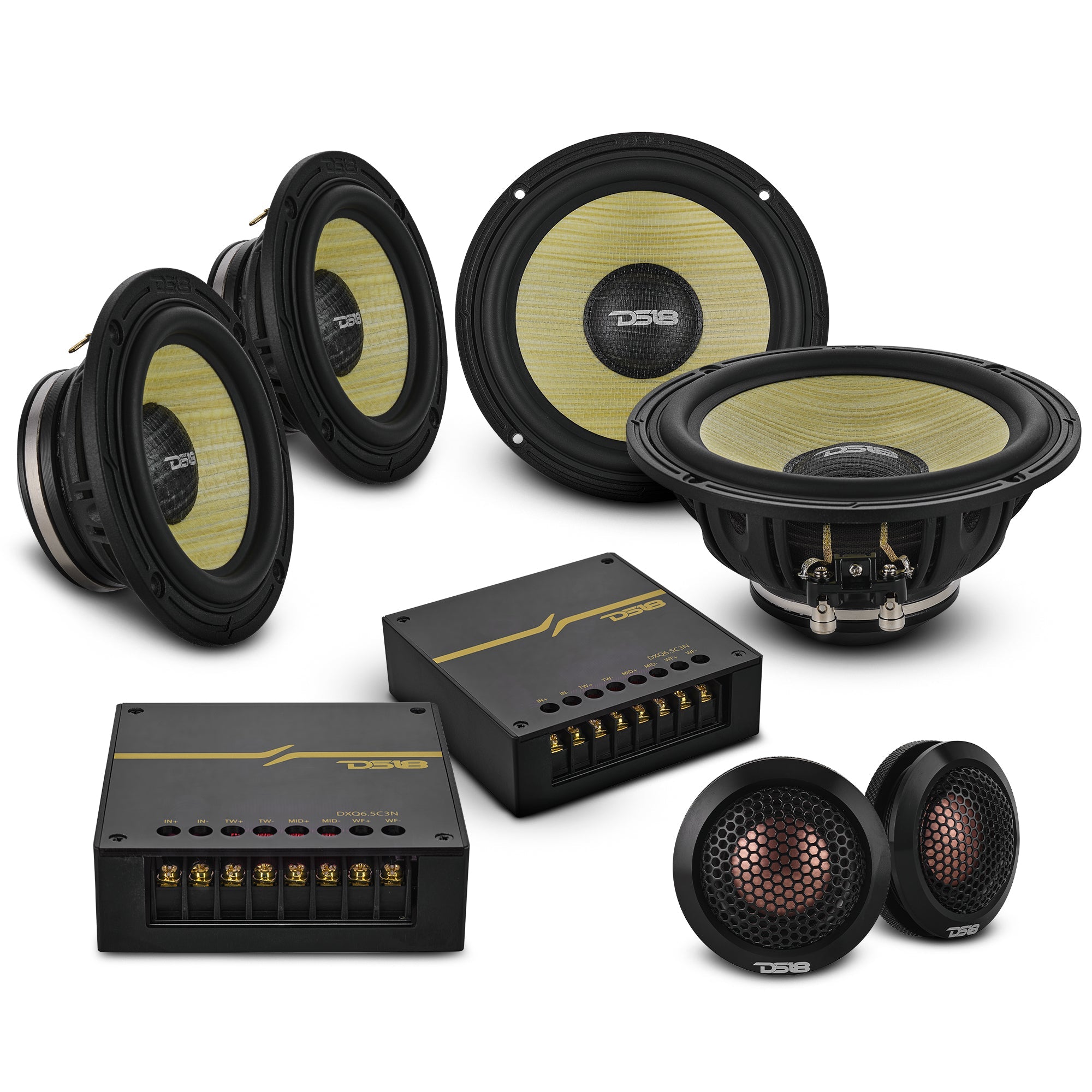 DXQ 6.5" 3-Way Component Speaker Set with Neodymium Magnet and Yellow Straw + Composite Foam Cone | | 180W RMS 4-Ohm - DS18