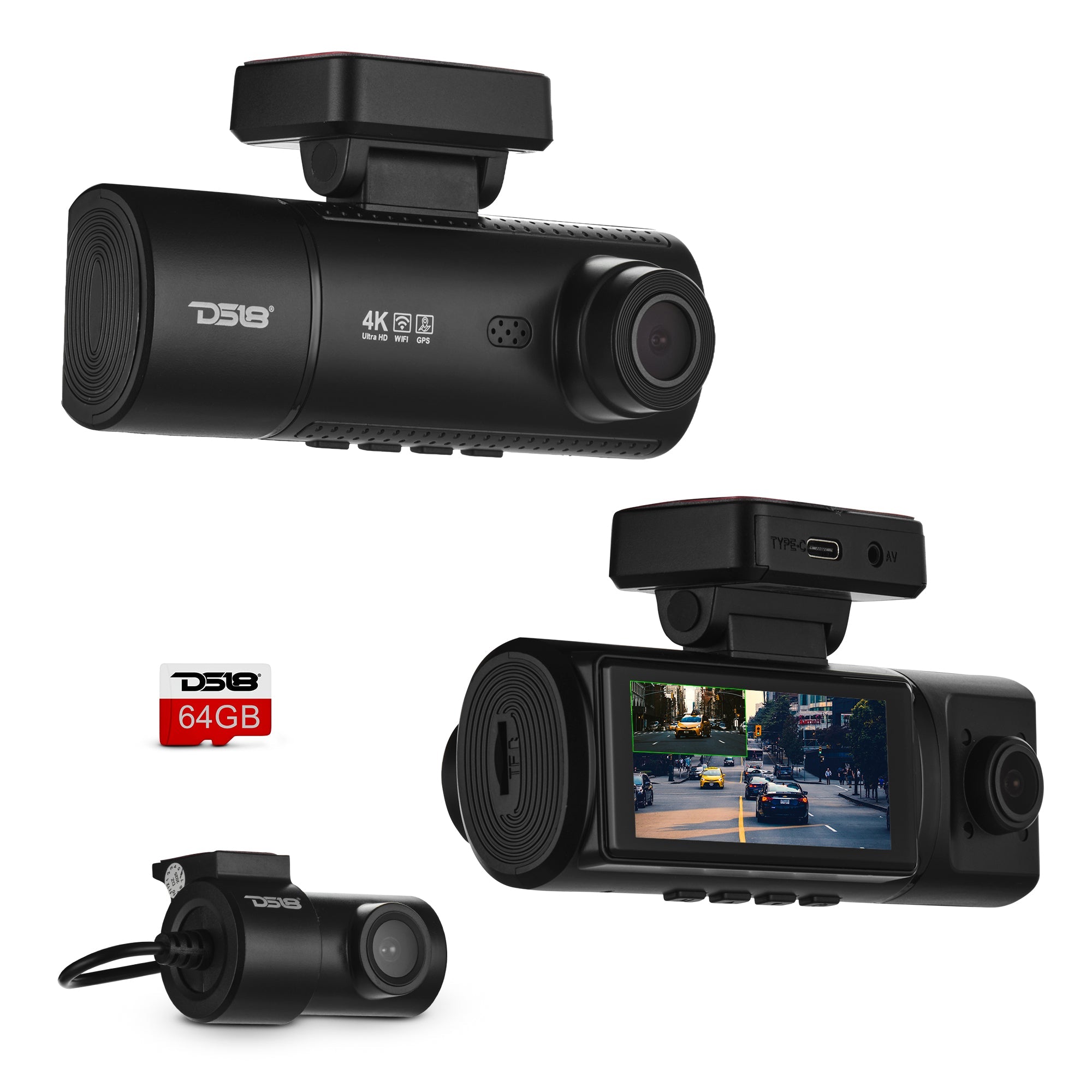 4K Triple Dash Camera with Front, In-Cabin and Rear Cameras, Wi-Fi, GPS and 3.16” IPS Display - DS18