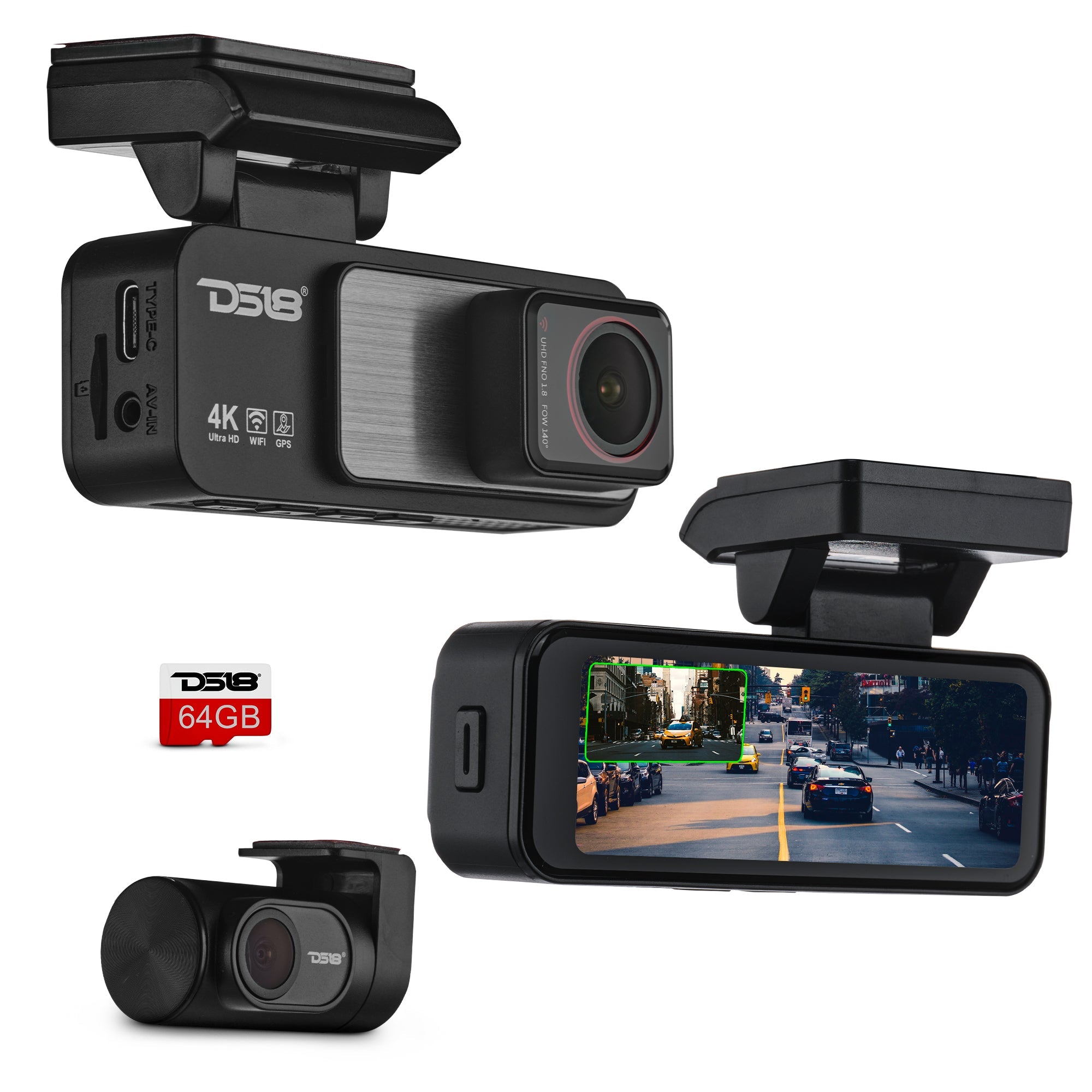 4K Dual Dash Camera with Wi-Fi, GPS, Parking Monitor, and 3.2” IPS Display (Front & Rear Cameras) - DS18