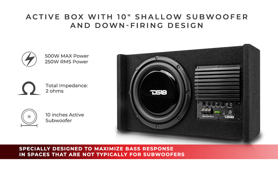 10" Loaded Amplified Shallow Down Fire Subwoofer Enclosure 250 Watts Rms - DS18