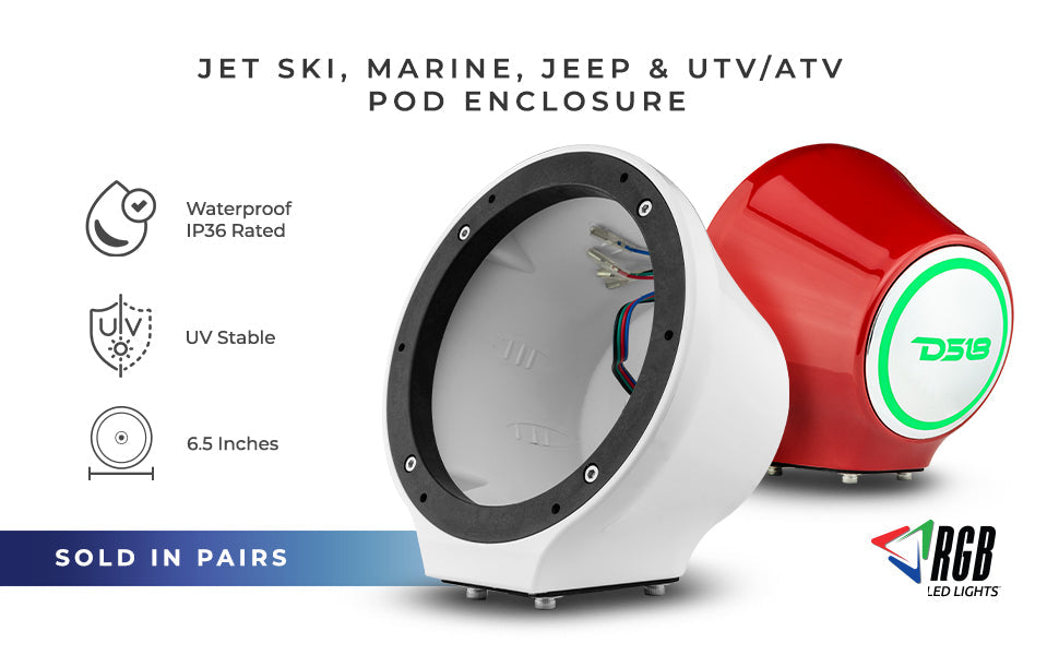 6.5” Universal Flat Mount Kick Panel Speaker Pod – Jet Skis, Jeeps, Motorcycles – RGB LED Lights - DS18
