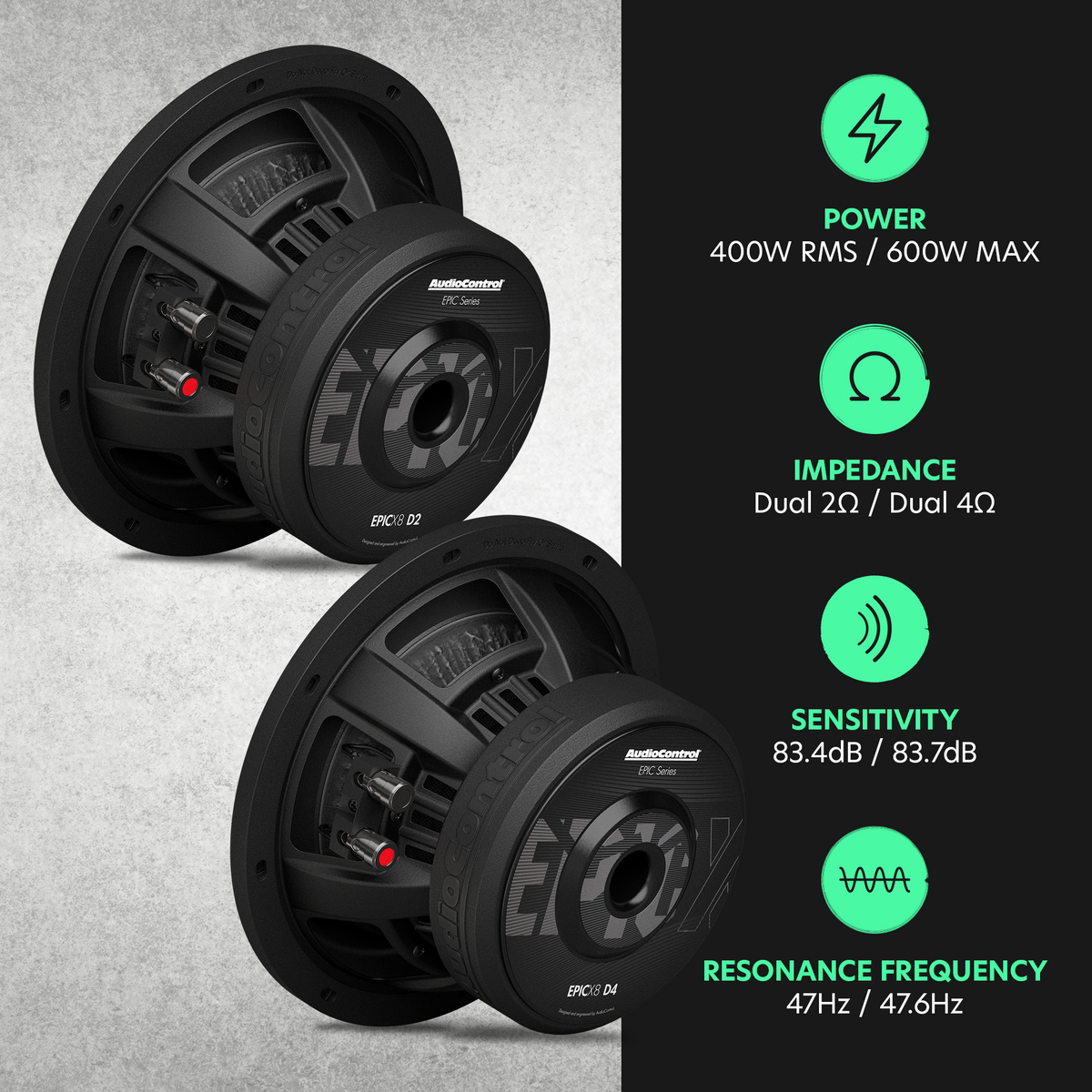 EPICX Series 8" Dual Voice Coil Subwoofer, 400W RMS, Dual 2/4 Ohms