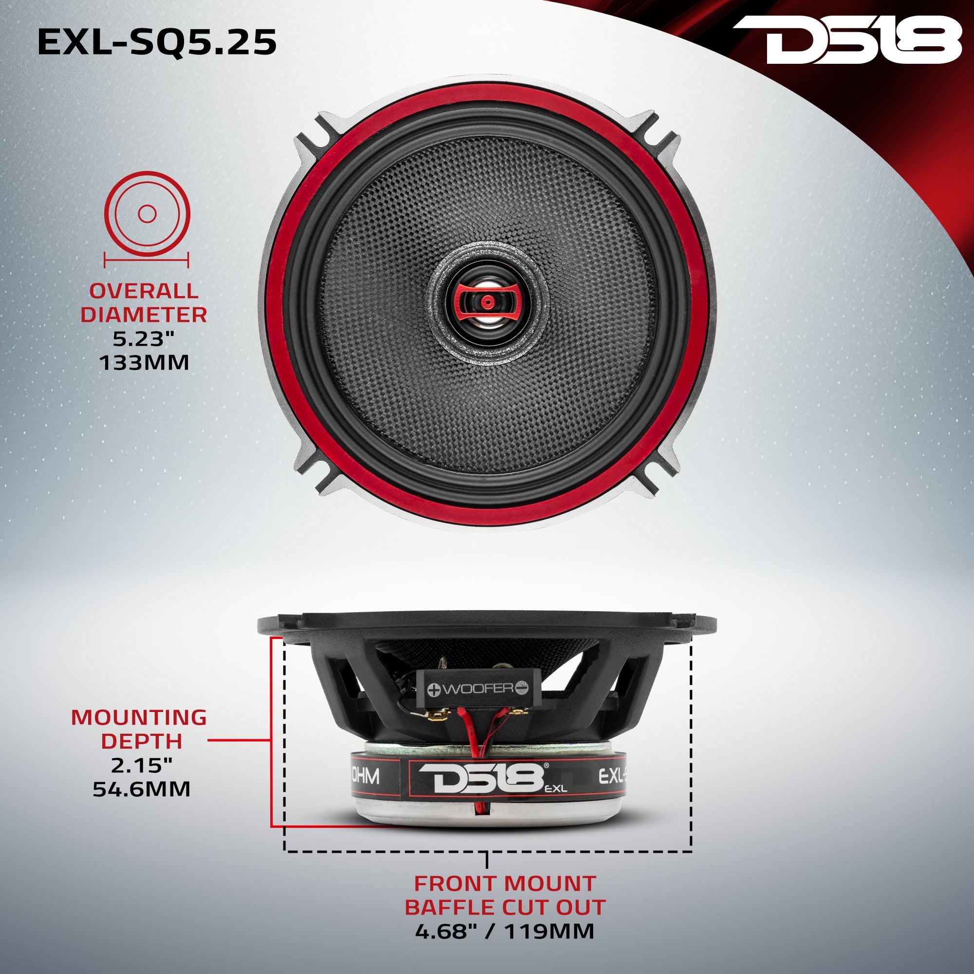 EXL 5.25" 2-Way Coaxial Speaker with Fiber Glass Cone | 80W RMS 3-Ohm - DS18