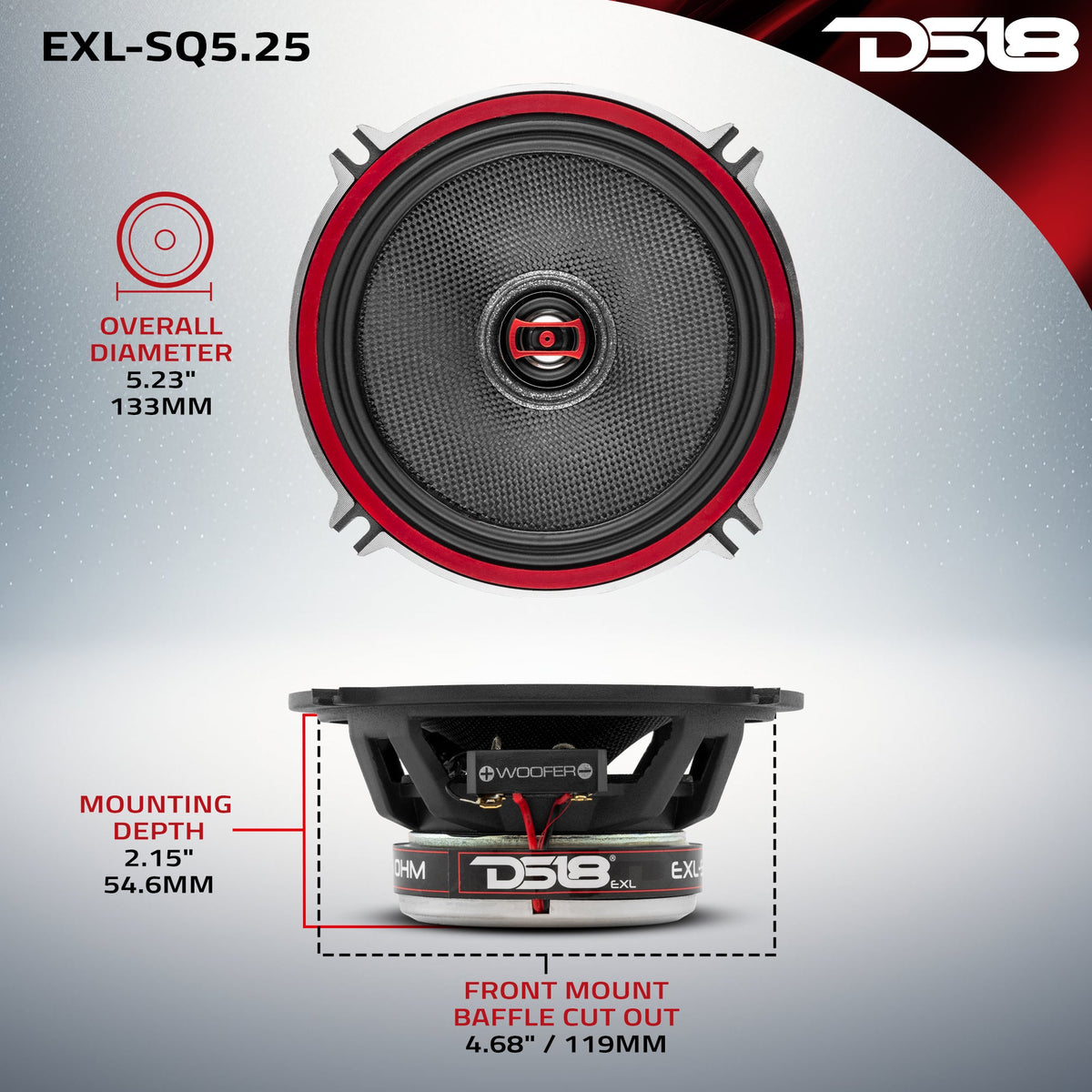 EXL 5.25" 2-Way Coaxial Speaker with Fiber Glass Cone | 80W RMS 3-Ohm - DS18