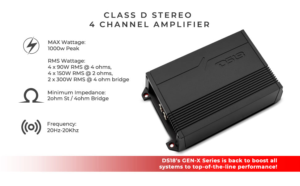GEN-X Full-Range Class D 4-Channel Amplifier | 4 x 90W RMS @ 4-Ohm - DS18