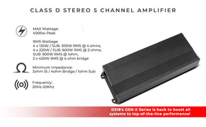 GEN-X 5-Channel Class D Amplifier | 4 x 130W RMS @ 4-Ohm + 1 x 900W RMS @ 1-Ohm - DS18