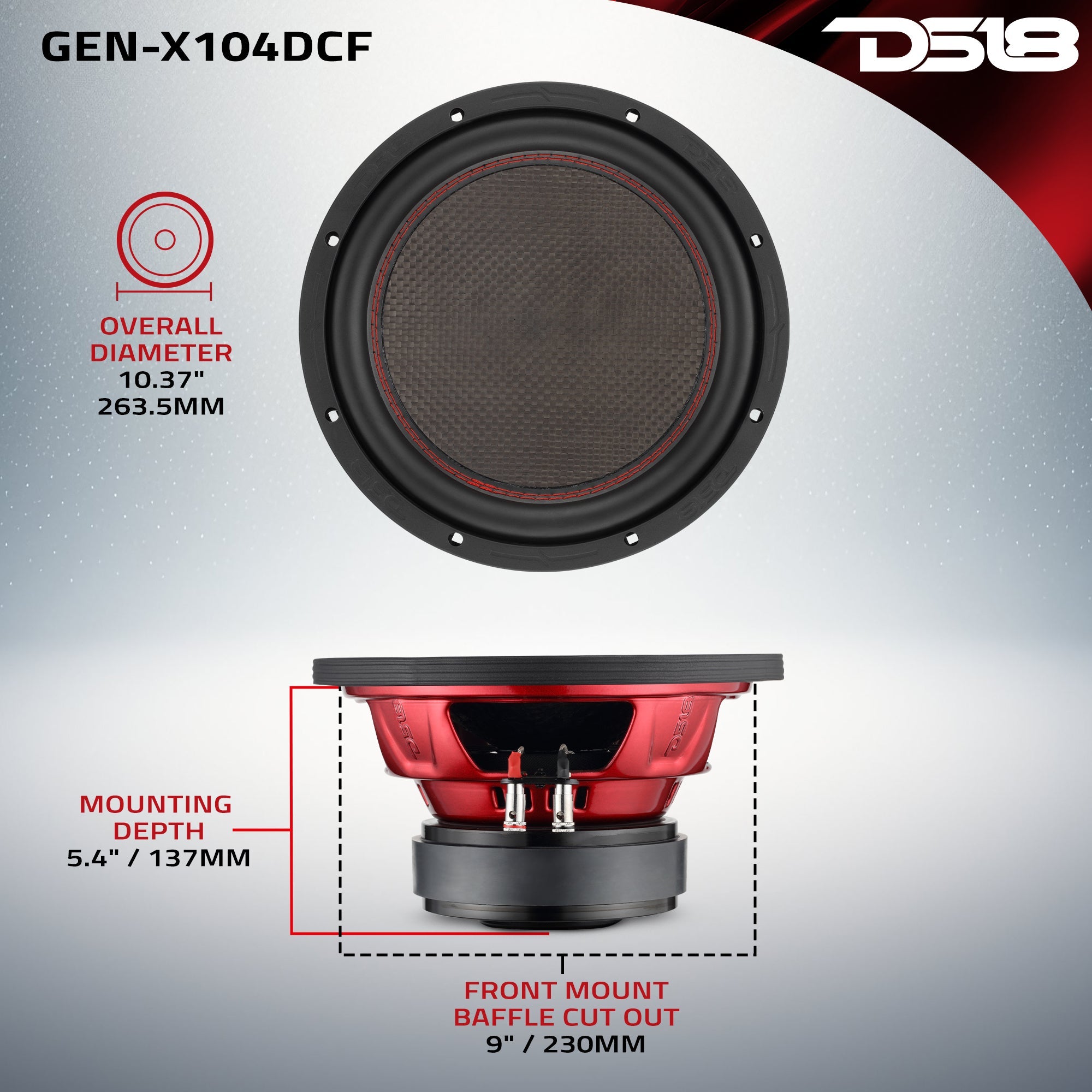 GEN-X 10" Subwoofer with Carbon Fiber Dust Cap | 600W RMS Dual 4-Ohm Voice Coils - DS18