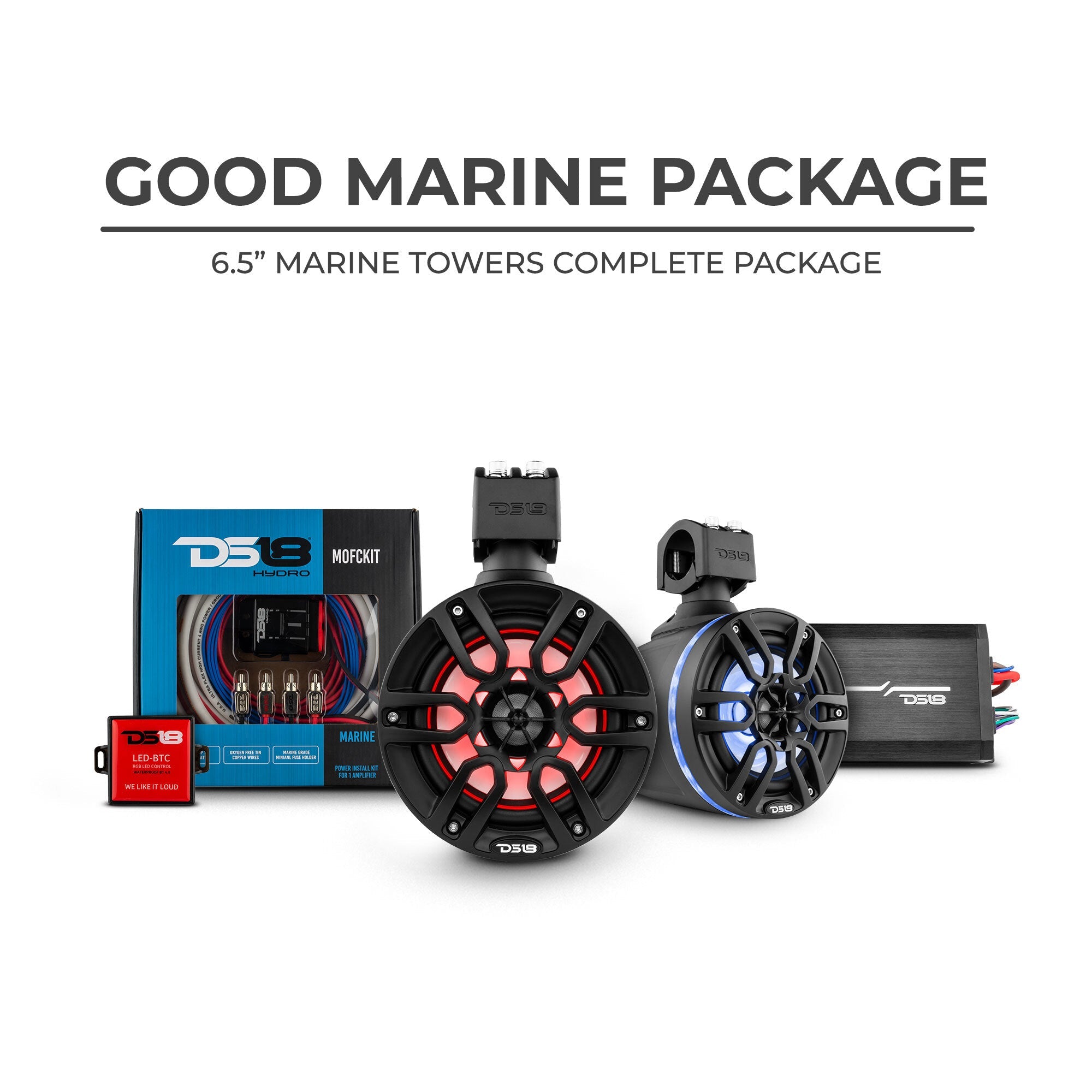 DS18 Good Marine Stereo Package 2 x 6.5” Speaker Tower| 1 x 2 Ch Amplifier | 1 x MOFCKIT4 and 1 x LED-BTC - DS18