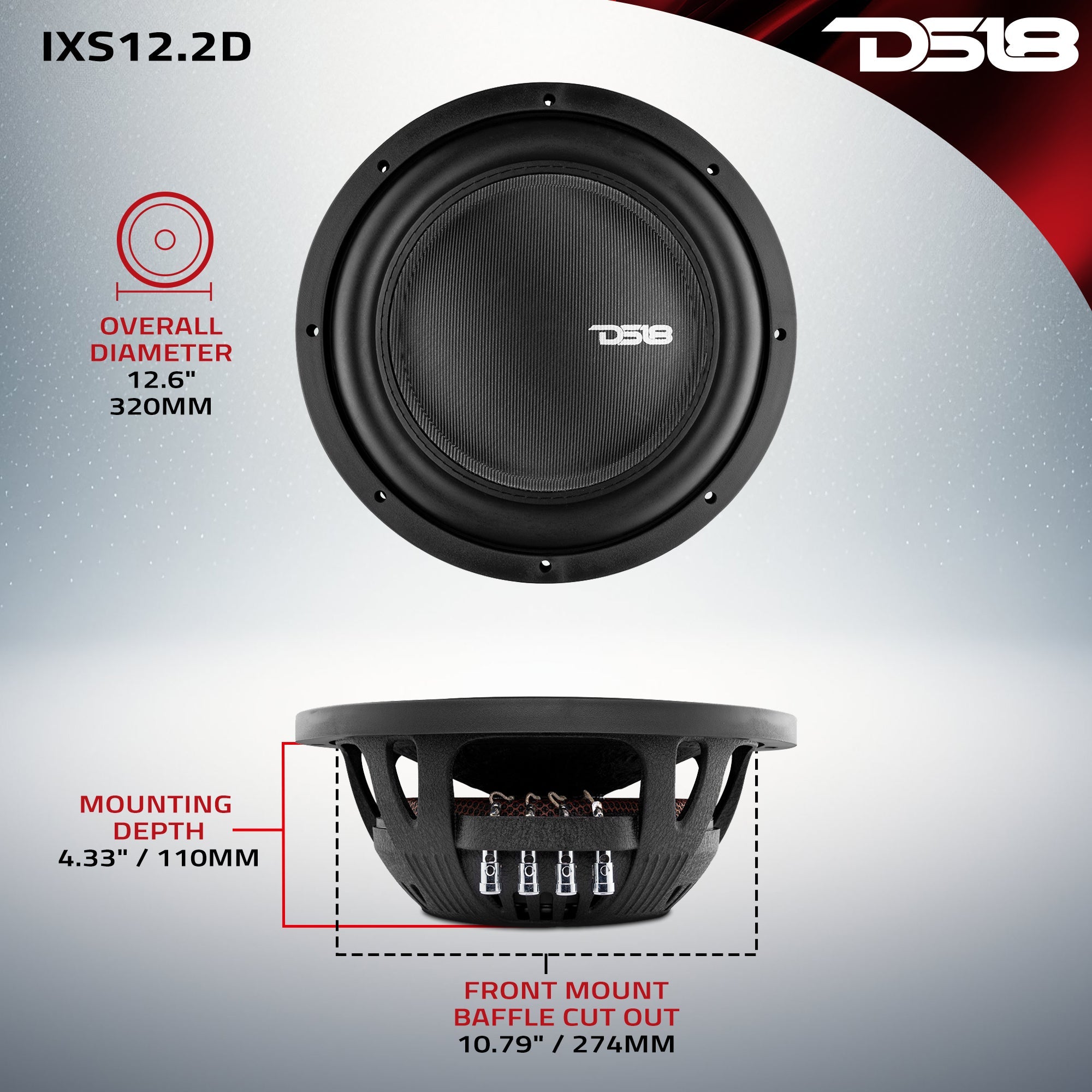 IXS Shallow-Mount 12" Fiber Glass Subwoofer 800 Watts Rms DVC 2-Ohm - DS18