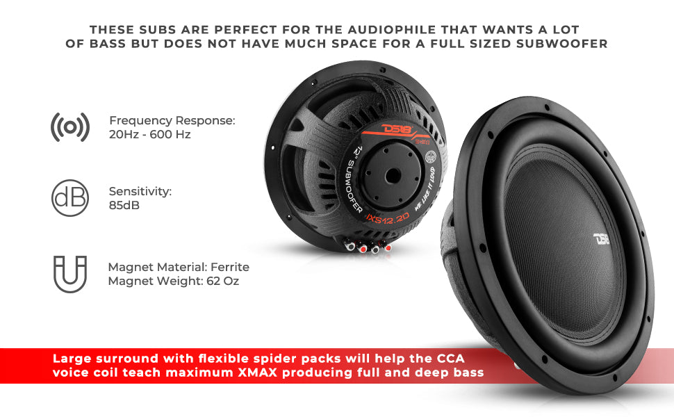 IXS Shallow-Mount 12" Fiber Glass Subwoofer 800 Watts Rms DVC 2-Ohm - DS18