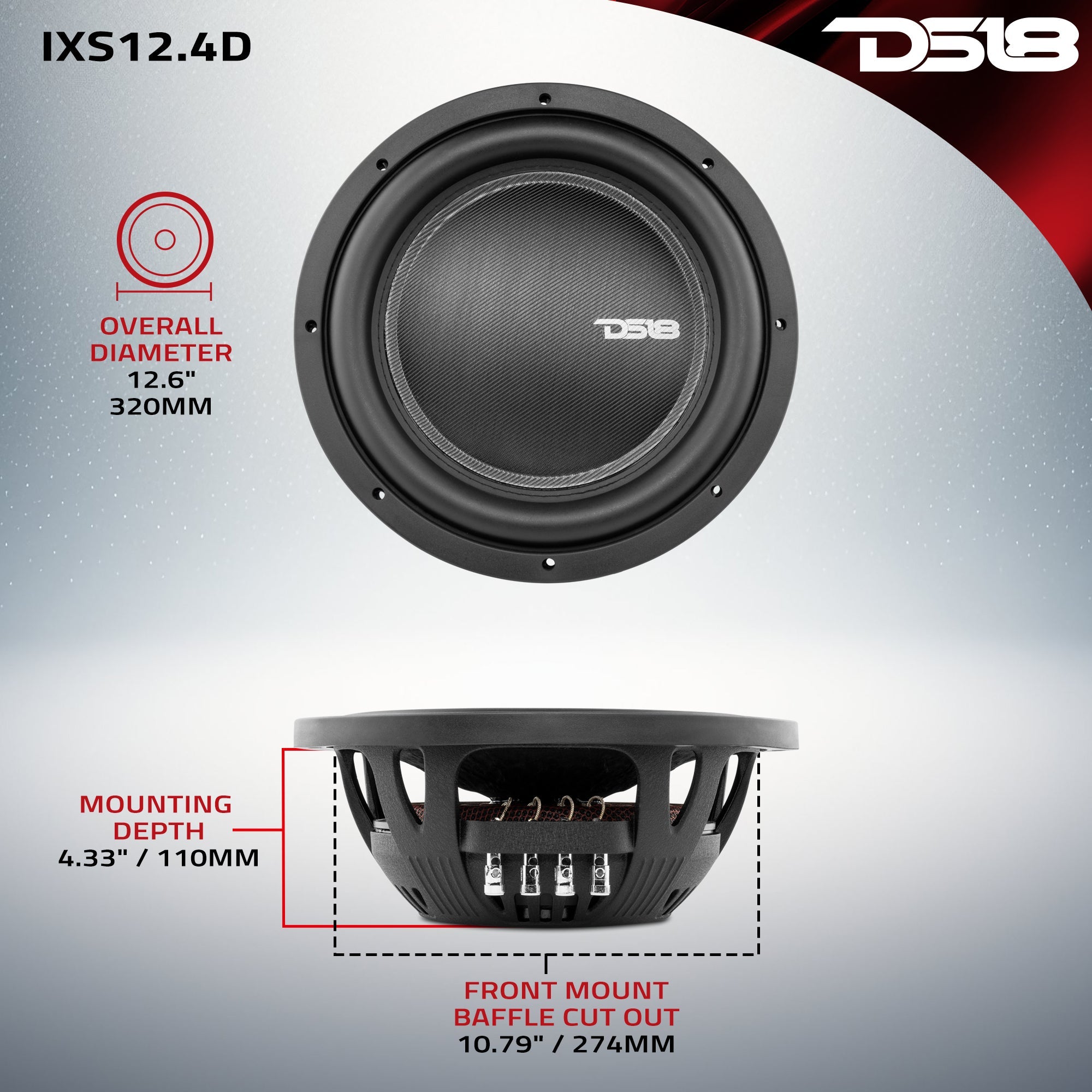 IXS Shallow-Mount 12" Fiber Glass Subwoofer 800 Watts Rms DVC 4-Ohm - DS18