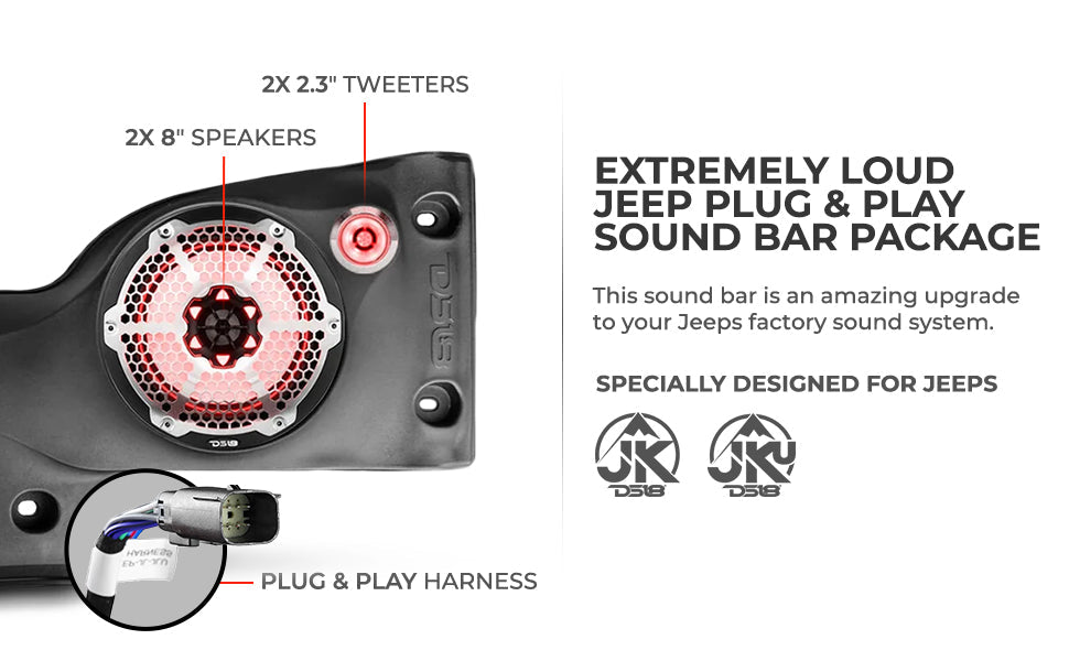 DS18 JKSBAR22LOADED Jeep JK/JKU Plug & Play Sound Bar Package - DS18