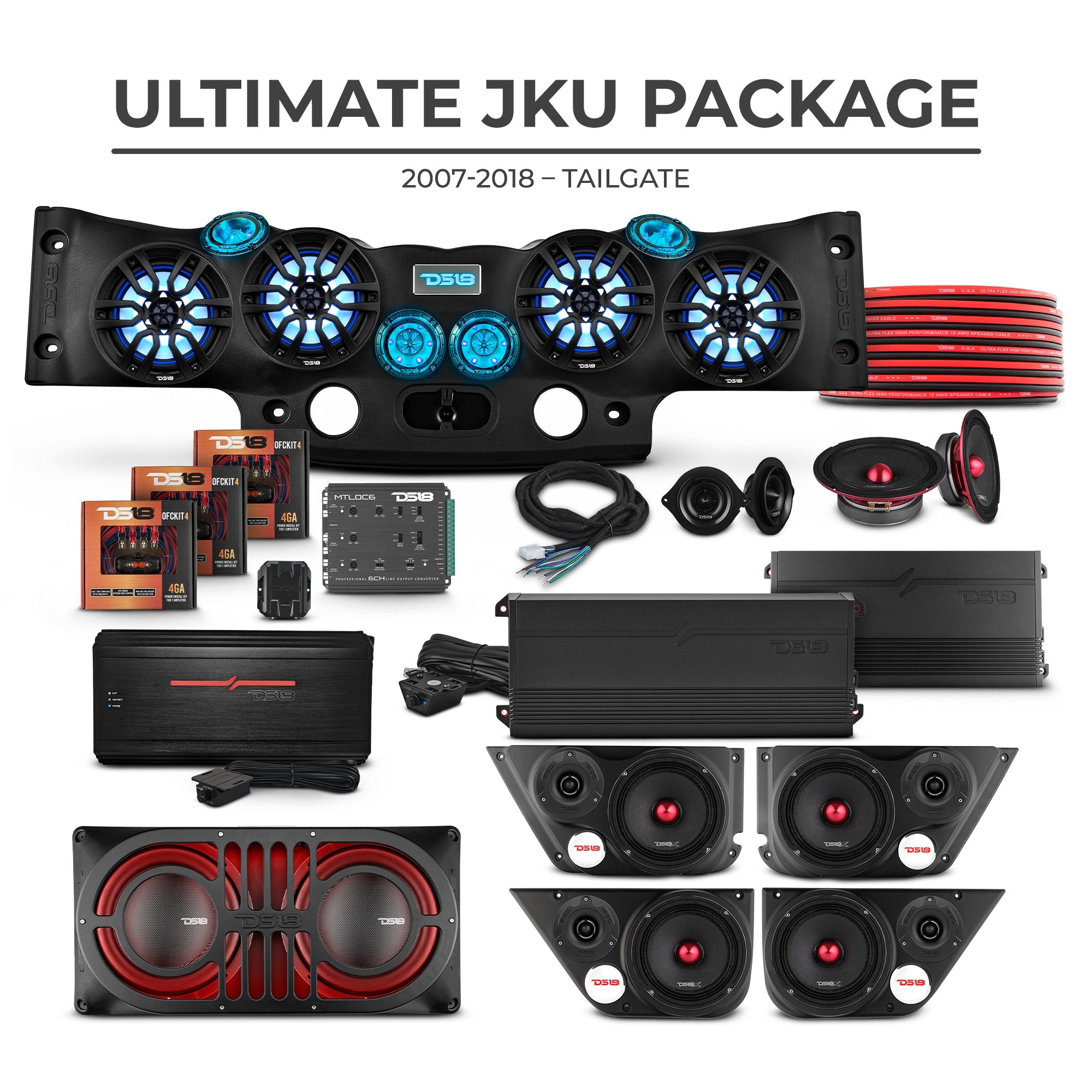 Jeep JKU 2007-2018 Ultimate Package – Loaded Sound Bar, Door Panels, Tailgate Subwoofers & Amplifiers - DS18