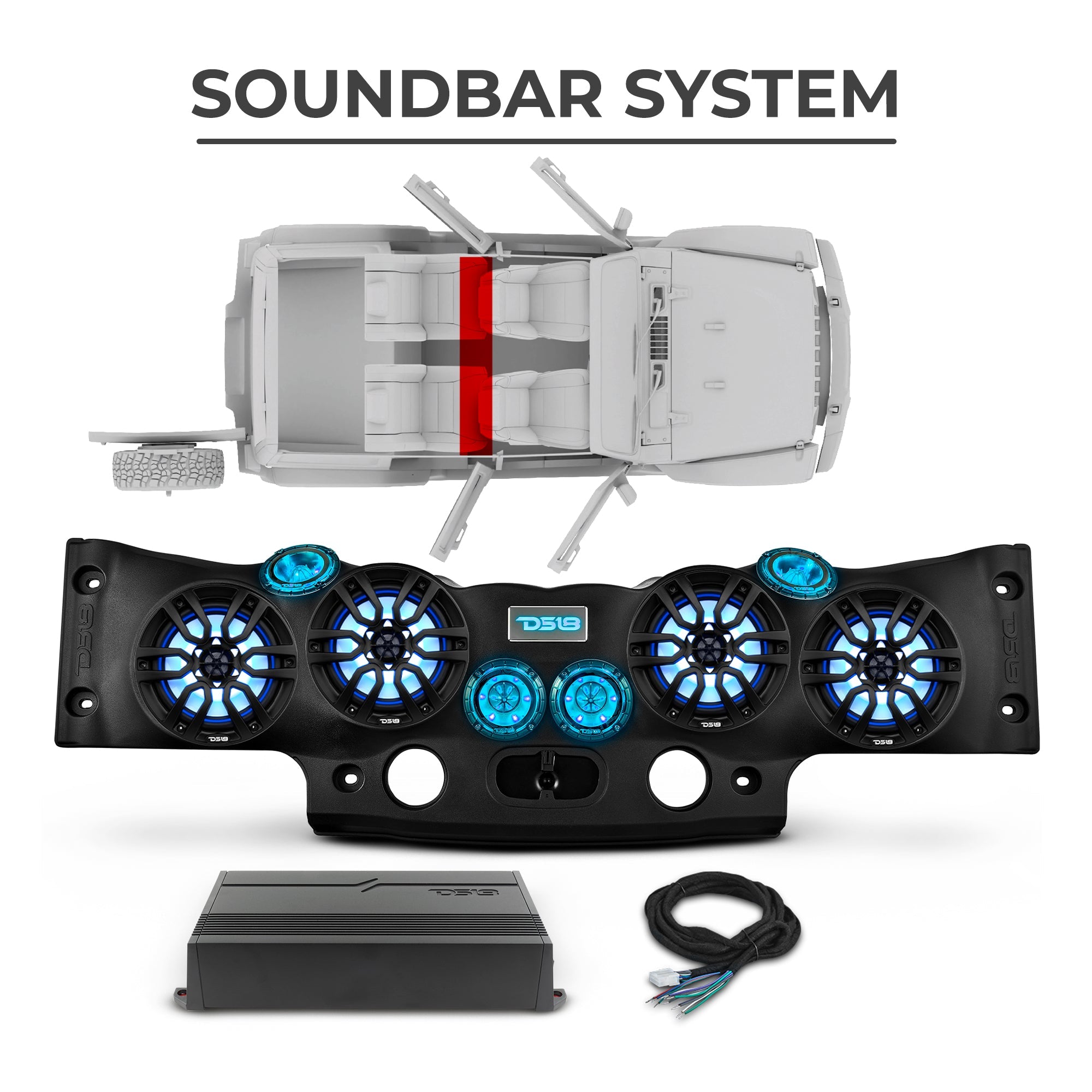 Jeep JKU 2007-2018 Ultimate Package – Loaded Sound Bar, Door Panels, Tailgate Subwoofers & Amplifiers - DS18