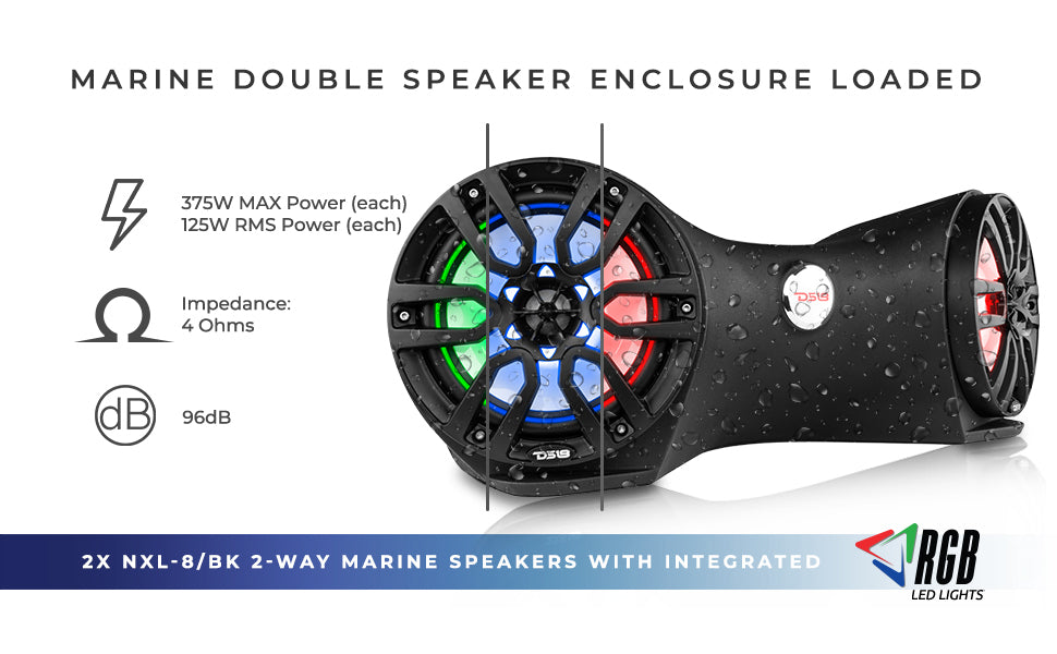 Dual 8" Marine Flat Mount Sound Bar Enclosure with LED RGB Lights 250 Watts Rms (NXL-8BK Included) - DS18