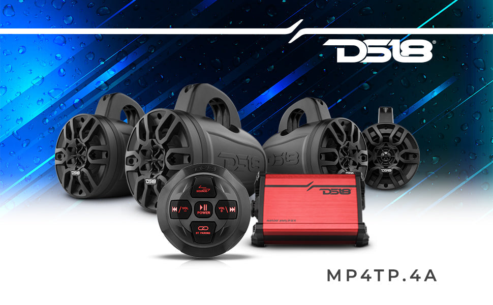 MP 4 x 4" Wakeboard Tower Speakers Package Amplifier And Bluetooth Audio Receiver 100 Watts Rms - DS18