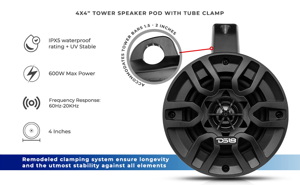MP 4 x 4" Wakeboard Tower Speakers Package Amplifier And Bluetooth Audio Receiver 100 Watts Rms - DS18
