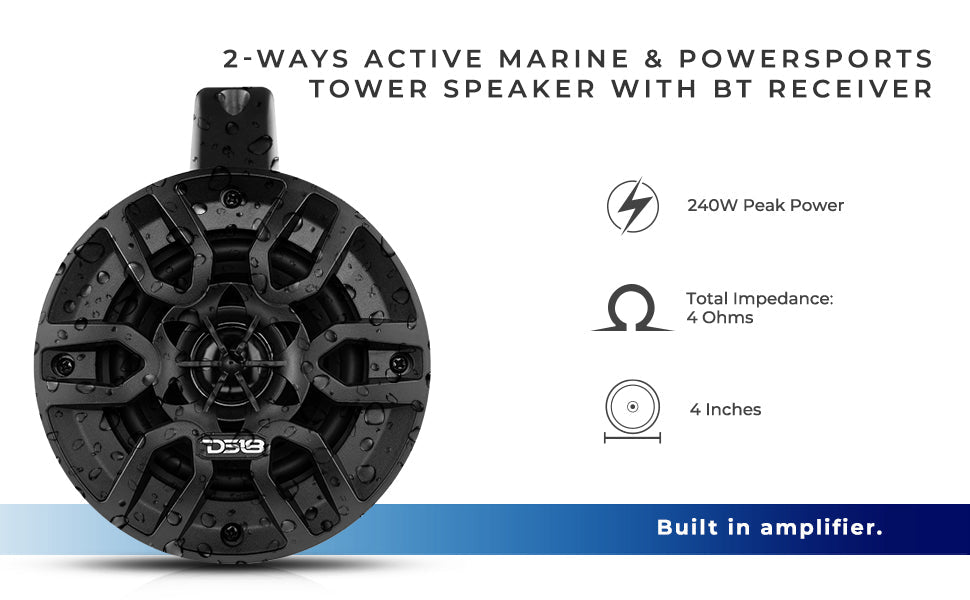 MP 4" Amplified With Bluetooth Wakeboard Tower Speakers 40 Watts Rms -Black - DS18